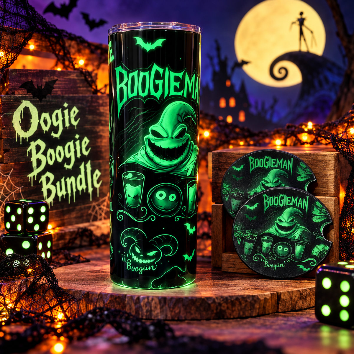 Glow in the Dark Oogie Boogie Tumblers with Matching Car Coasters