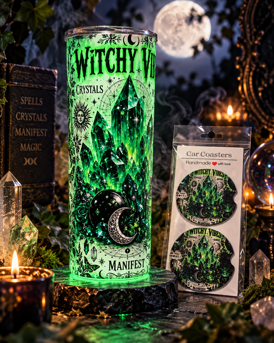 Witchy Vibe-Dark Crystals Glow in the Dark Tumbler-w/matching car coasters
